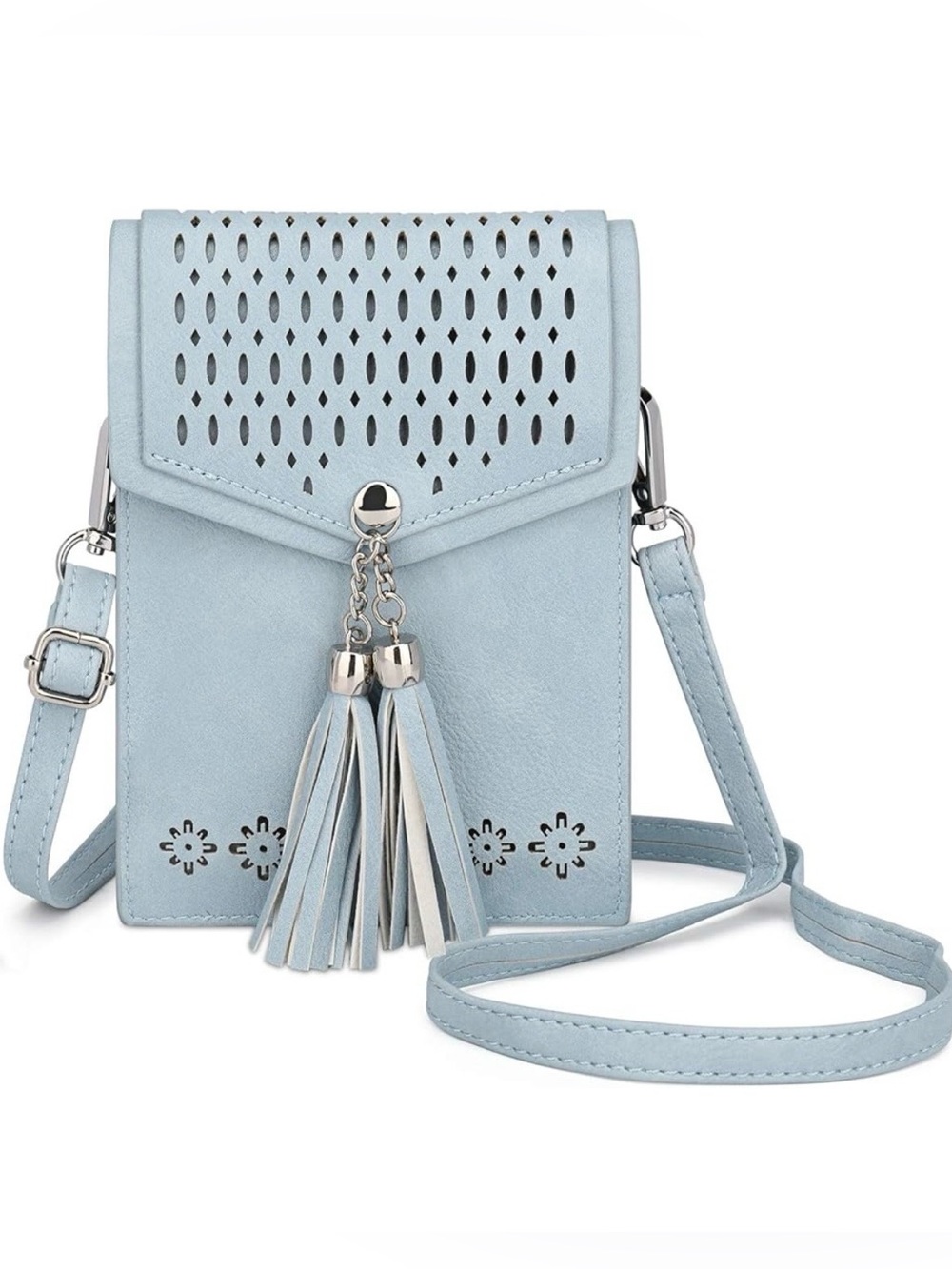 Boho Crossbody Bag with Tassels and Card Slots in Color Fog Blue